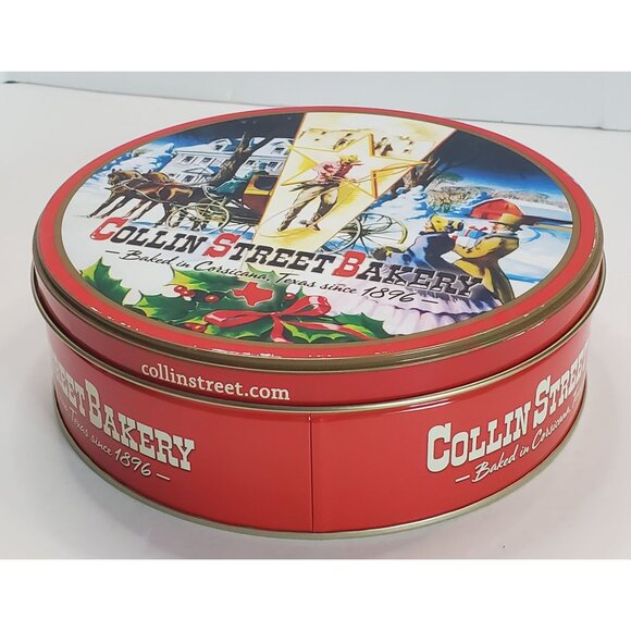 Collin Street Bakery Red Holiday Empty Tin 2.5" Tall x 8" Round Since 1896 - Picture 9 of 11